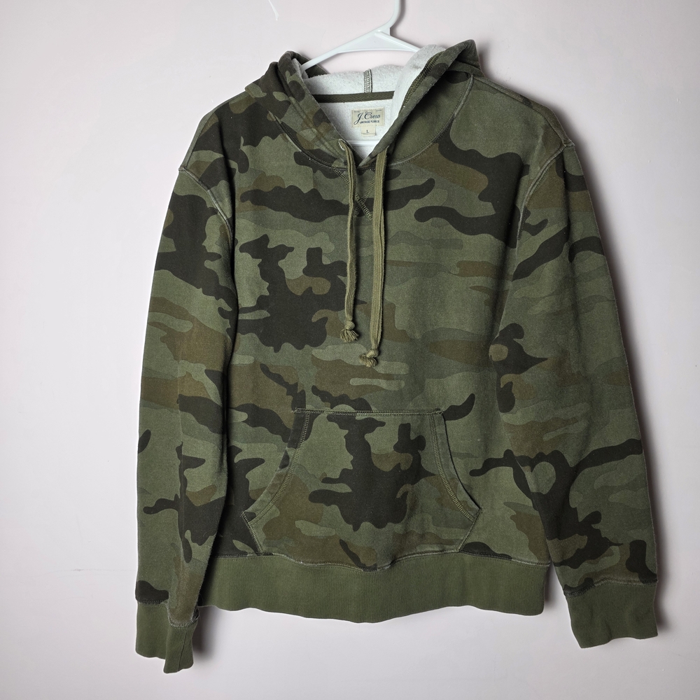 J.Crew Camo Hoodie Womens Large Vintage Fleece Pullover Green Army Camouflage